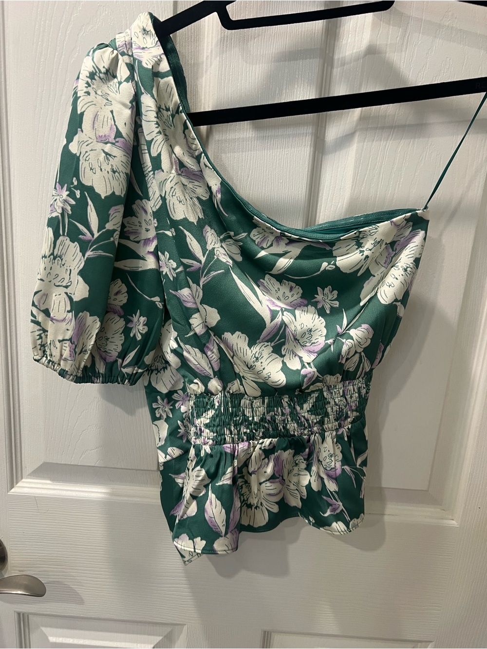 Heartloom Green Floral One-Shoulder Smocked Waist Top